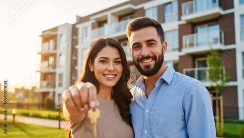 Happy smiling couple standing outdoors in front of modern apartment building during sunset holding keys to new home celebrating real estate purchase joy and success