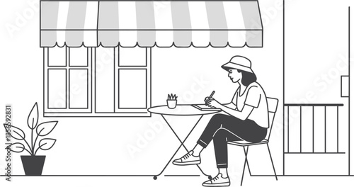 Black and White Illustration of Woman Working at Outdoor Cafe Table with Striped Awning