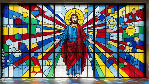 Vibrant stained glass window depicting Jesus Christ in modern geometric style