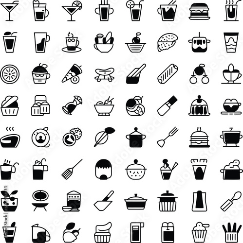 Vector grid of black and white food and kitchen icons including drinks, desserts, utensils, and cooking tools for culinary design.