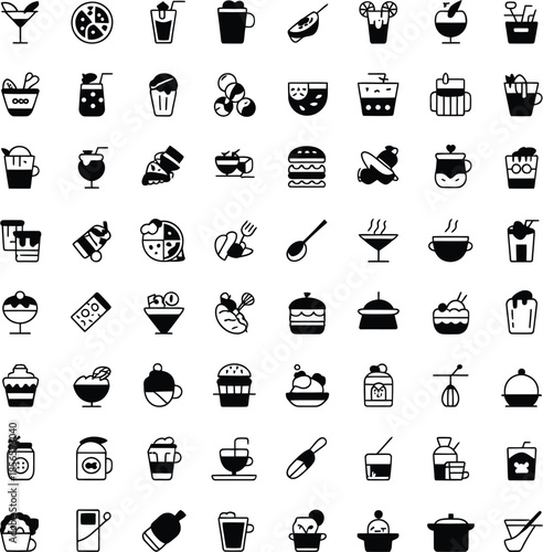 Vector grid of black and white food and drink icons including snacks, beverages, and kitchen tools for culinary design.