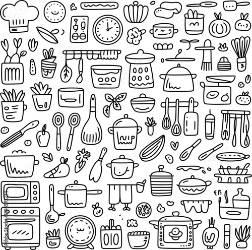 Hand-drawn vector illustration of diverse kitchen tools, utensils, appliances, and ingredients in a dense monochrome layout.