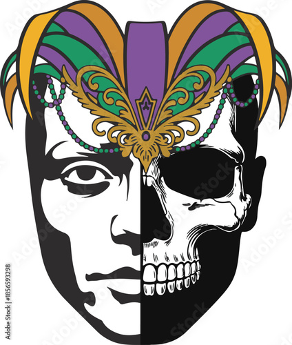 Mardi gras split face skull and jester mask illustration