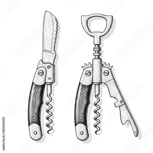 Vintage technical illustration of an antique brass and wood sommelier corkscrew, open and closed, with cross-hatching detail on a transparent background. Concept of historical product schematic