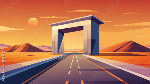 Dramatic desert highway leading to a monumental archway under a golden sunset sky, perfect for travel, adventure, and architectural themes in advertising