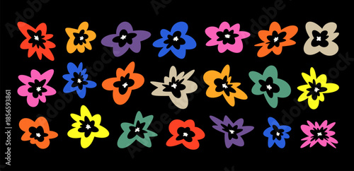 Abstract flower icon set. Vector quirky funky shape elements. contemporary colorful Y2K shapes. Free form sticker design elements. Liquid vibrant flowers on black background. Organic freeform pattern