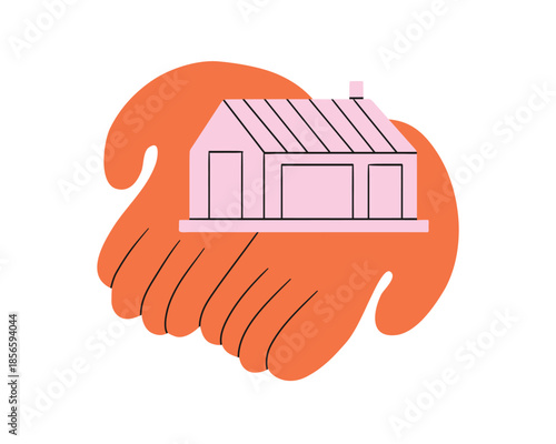 Hands holding small home. Little house in a huge hand, illustration, sign, print, sticker, logo. Real estate, selling, cleaning, insurance. Flat simple minimal doodle cutout style. Tiny house.