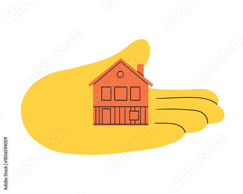 Hand holding little home. Small house in a big hand, illustration, sign, print, sticker, logo. Real estate, selling, cleaning, insurance. Flat simple minimal doodle cutout style. Tiny house, cottage.