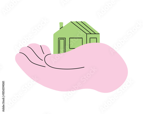 Hand holding small home. Little house in a big hand, illustration, print, sign, sticker, logo. Real estate, selling, cleaning, insurance. Flat simple minimal doodle cutout style. Tiny house.