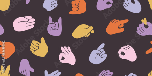 Different hand gestures seamless pattern. Simple modern minimal funny doodle style, flat cutout illustration. Hands cartoon icons black pink violet and light blue hands. Wrapping paper, print, fabric.