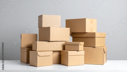 Stacked cardboard boxes of various sizes arranged on white surface against plain gray background.
