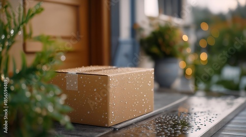 A cardboard box placed on a doorstep during heavy rain, water droplets glistening on its surface while delivery notifications ping on a smartphone — online shopping reality, last-mile delivery, and