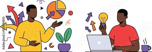 Creative teamwork scene, data analysis presentation, innovation concept, laptop workspace, idea generation, flat vector illustration, editable, modern design