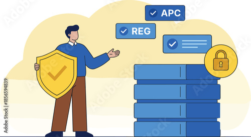 Data protection concept, secure server storage, cybersecurity compliance, shield security, verified access, digital privacy lock, tech safety - flat vector illustration