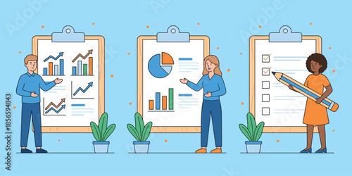 Data analysis presentation, business report, project checklist, teamwork concept, flat vector illustration, office productivity, visual dashboard, task management