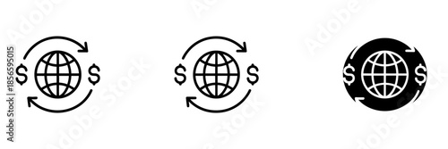 Global Money Transfer Icon with World Map and Currency Arrows, Flat Vector Illustration Symbol for International Payments, Finance App, Online Banking, Remittance Services, Technology Design