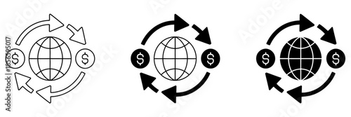 Global Money Transfer Icon with World Map and Currency Arrows, Flat Vector Illustration Symbol for International Payments, Finance App, Online Banking, Remittance Services, Technology Design