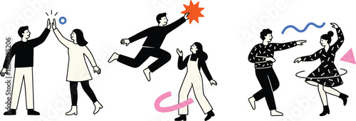 Joyful human interaction, dynamic movement illustration, celebration and play, flat vector design, expressive poses, vibrant colors, energetic activity, modern concept