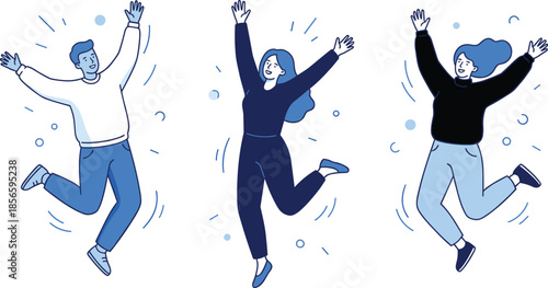 Joyful jumping illustration, celebration and energy, flat vector design, expressive poses, blue color theme, happiness concept, dynamic movement scene