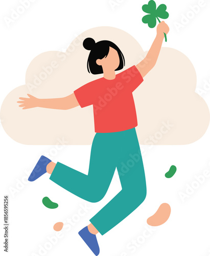 Lucky moment illustration, joyful person jumping, four-leaf clover symbol, happiness concept, flat vector design, editable, celebration scene