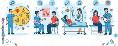 Medical care process, diagnosis to treatment, patient consultation, flat vector illustration, healthcare journey, clinical interaction, hospital scene, wellness support