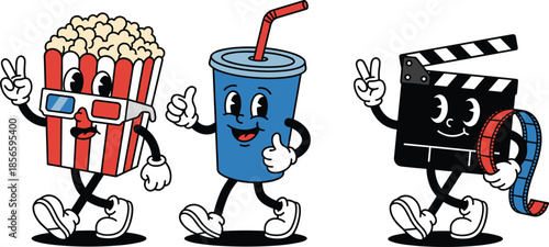 Movie theater characters, popcorn soda clapperboard, cartoon illustration, flat vector design, cinema fun, entertainment icons, nostalgic film experience