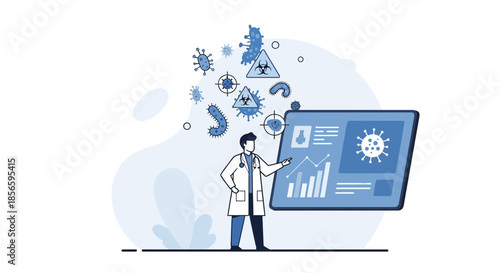 Doctor analyzes coronavirus data on a digital screen representing medical technology innovation