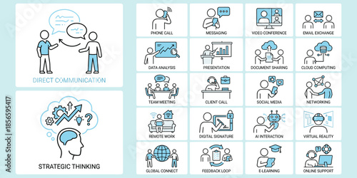 Modern communication tools, strategic thinking, digital work icons, flat vector illustration, professional interaction, virtual collaboration, cognitive planning, tech workflow
