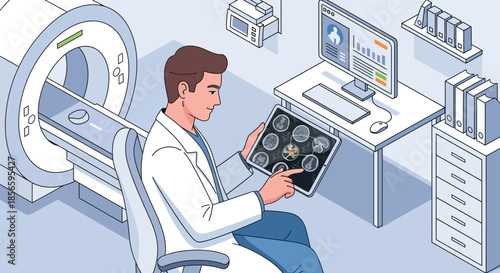 Doctor analyzing brain scans on tablet with MRI machine in medical setting