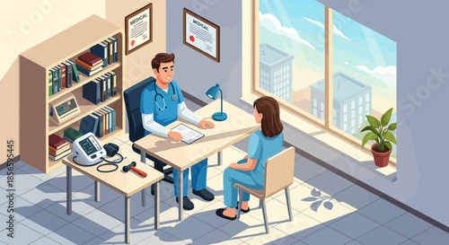 Doctor Consultation Cartoon Illustration: Depicting Professional Medical Checkup Scene in Clinic