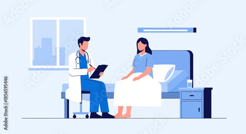 Doctor consulting female patient in hospital room, medical checkup and healthcare concept in