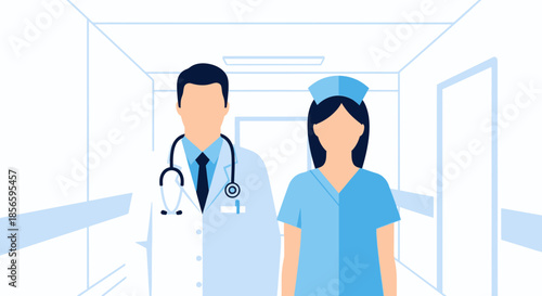 Doctor and nurse standing in a hospital hallway, showing professional medical personnel illustration
