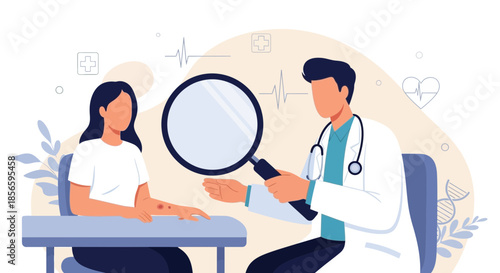 Doctor examining patient's skin rash with magnifying glass in medical consultation appointment