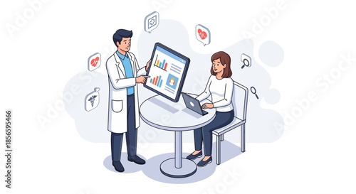 Doctor explaining medical data on a tablet to a patient during consultation illustration