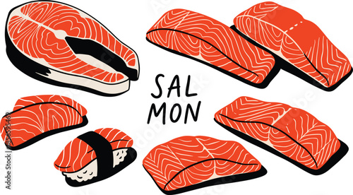 Salmon food illustration, sushi and nigiri, raw fillet, Japanese cuisine, flat vector design, seafood variety, culinary concept