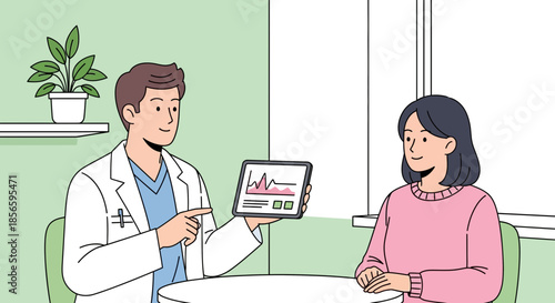 Doctor explaining health data on a tablet to a patient in a bright and modern medical office
