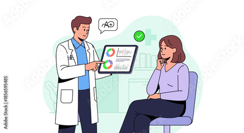 Doctor Explaining Test Results to Patient Using Digital Tablet in Medical Consultation Setting