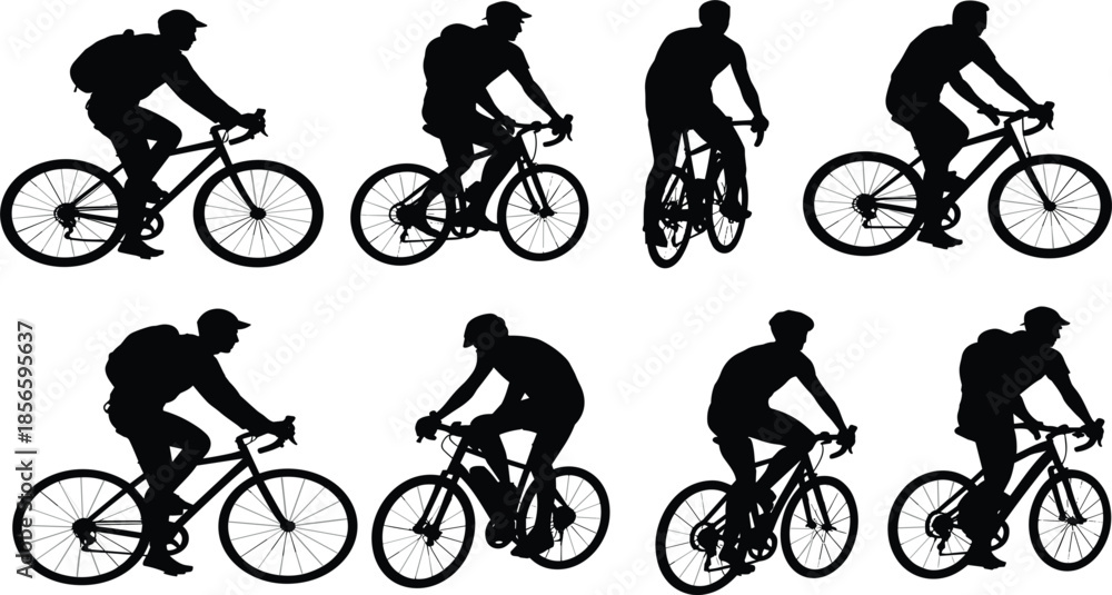 Fototapeta premium Professional Black Silhouettes of Cyclists Vector Illustration Set for Fitness Racing and Outdoor Sport Graphics