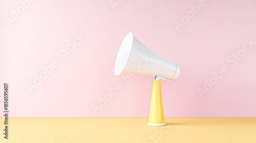 declaration. Classic announcement device on simple pastel backdrop, product launch decks, UI/UX mockups, data dashboards, designed for product launches and innovation pitches, used by researchers.