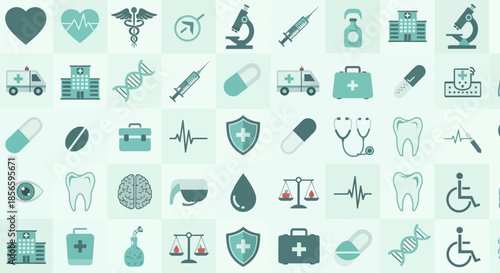 Medical Icon Set Background with Healthcare Symbols and Design Elements for Well being and health