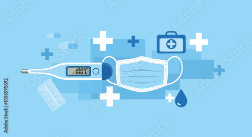 Medical flat lay composition featuring essential healthcare equipment and tools illustration