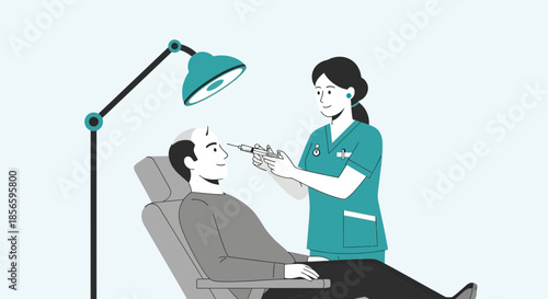 Vector illustration of a man receiving a hair transplant treatment at clinic appointment medical
