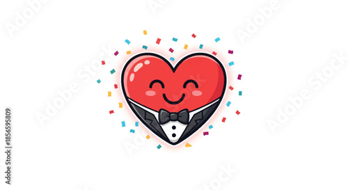 Smiling heart in tuxedo celebrating love and joy with colorful confetti