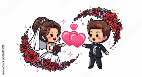 Cartoon bride and groom in heart shaped floral wedding scene
