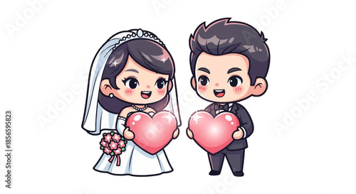 Charming cartoon bride and groom holding hearts on wedding day