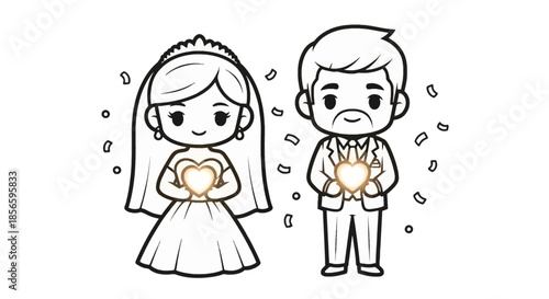 Cute cartoon bride and groom holding hearts in romantic illustration