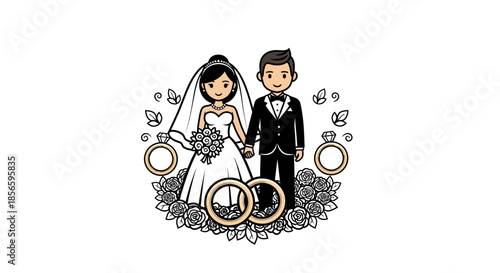 Happy wedding couple in elegant attire with flowers and rings