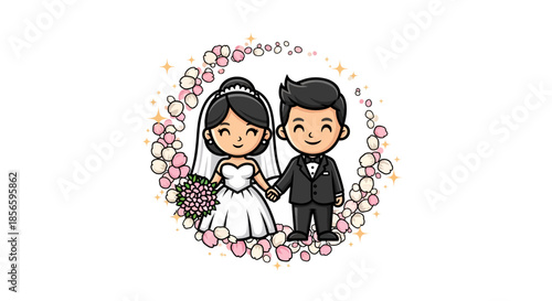 Happy cartoon bride and groom in wedding attire with flowers