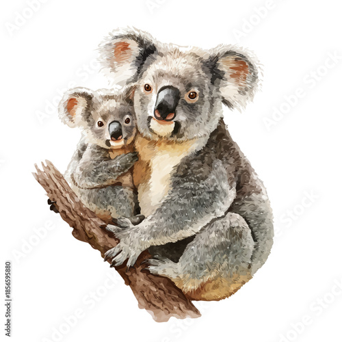 Koala With Its Baby in watercolor style, vector illustration, isolated on white background.