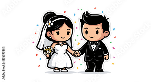 Happy cartoon bride and groom holding hands with confetti